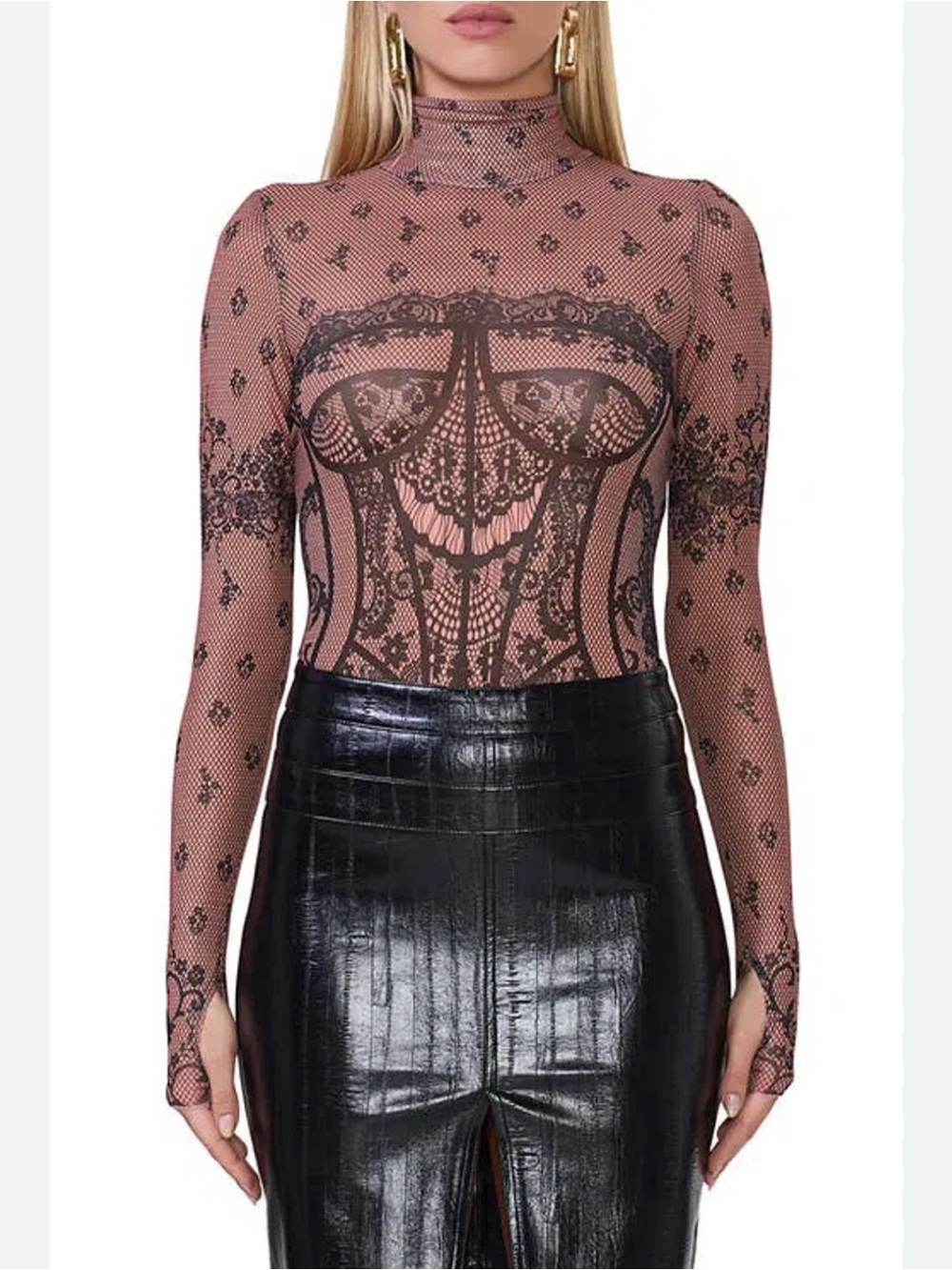 AFRM Zadie Print Turtleneck Mesh Top in Almond Kiss bustier corset print size S